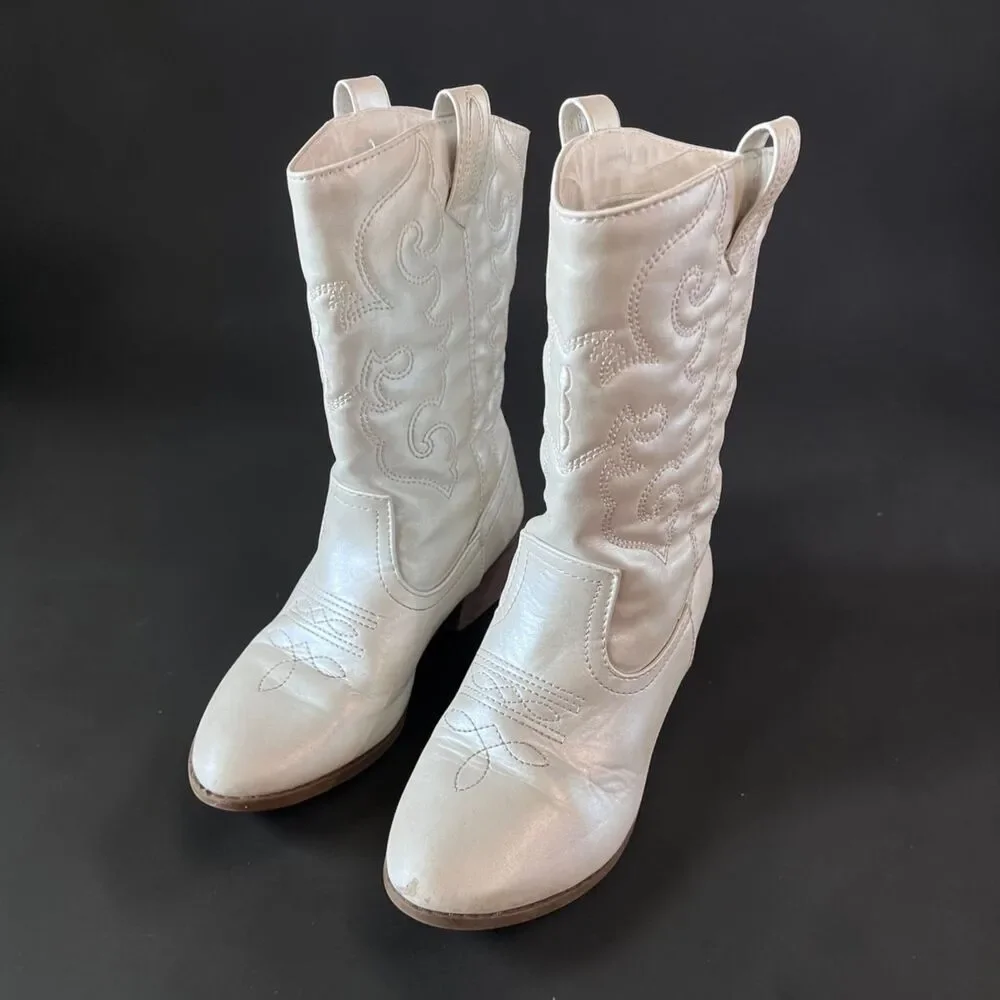 Links Pearl White Western Cowboy Boots Girls Size 1 Embroidered Cowgirl Mid Calf